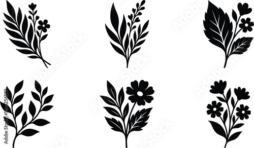 Floral silhouette set with leaves and flowers in minimalist black style, ideal for botanical design, decoration, branding, and natural graphic elements