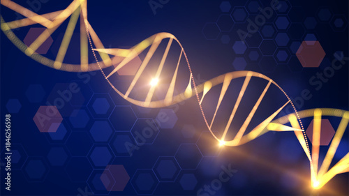 Golden DNA strand with collagen molecules glowing particles. Advanced skincare genetics biotechnology and anti-aging science concept. Luxury cosmetic medical research background.