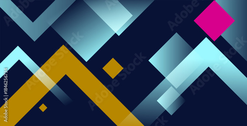 Abstract geometric background with layered squares and zigzag shapes in navy, cyan, gold, and magenta tones, featuring soft transparency and gradients for a modern, elegant, and tech-inspired look.