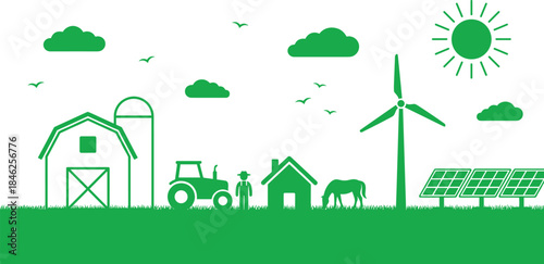 Green eco farm silhouette with renewable energy, wind turbine, solar panels, livestock, and agriculture elements representing sustainable rural life concept