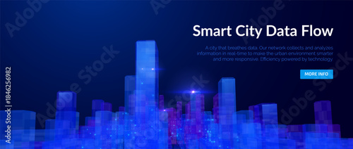 Blue violet futuristic cityscape with big data network flows vector background. Digital transformation metropolis skyline with data particles for technology presentations and fintech visualizations.
