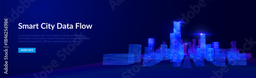Blue violet futuristic cityscape with big data network flows vector background. Digital transformation metropolis skyline with data particles for technology presentations and fintech visualizations.
