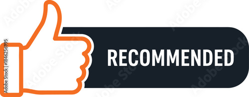 Stylized orange and white thumbsup icon next to a dark gray Recommended banner for approval and endorsement.