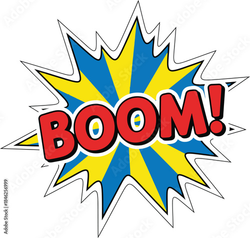 Retro pop art BOOM sound effect with a spiky starburst and bold red lettering.