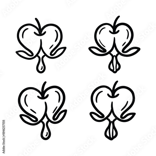 Four Bleeding Heart Flower Outlines in Black and White