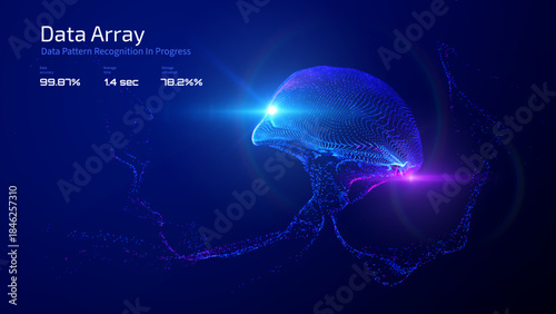 Jellyfish shape composed of flowing data particles, symbolizing neural network or AI learning model. Visualizes complex data flow, algorithmic patterns for tech presentations and data science content.