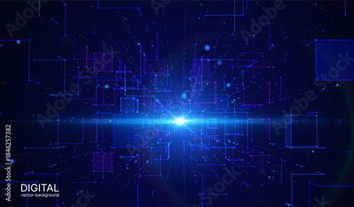 Abstract geometric background of big data space, with grid of square shapes and glowing connection dots. Network infrastructure, data centers, cloud storage mapping, digital communication frameworks