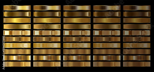 Collection of editable golden gradient samples in vector format, perfect for graphic designers. Perfect for holiday designs, wedding stationery, award certificates and corporate identity projects