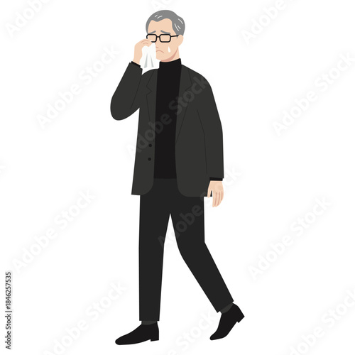 悲しみや感動で涙を拭きながら歩くシニアビジネスマンのイラスト