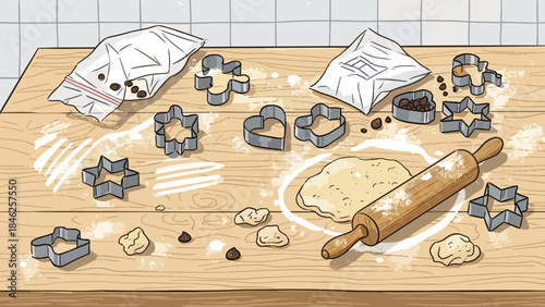 Cookie Baking Preparation with Dough, Cutters, and Rolling Pin on Wooden Kitchen Table Illustration