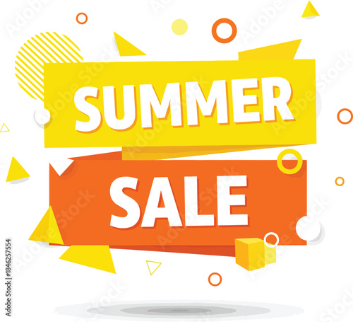 Vibrant Summer Sale promotional banner with yellow and orange folded paper style and abstract geometric shapes.