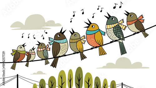 Singing Cartoon Birds Perched on Power Line with Music Notes and Scarves Illustration