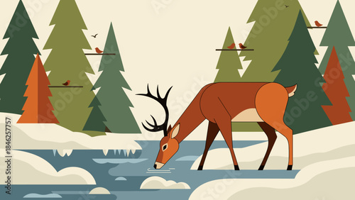 Deer Drinking Water in Snowy Winter Forest Flat Design Illustration