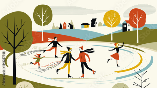 Ice Skating Family Enjoying Outdoor Rink in Winter Park, Stylized Illustration