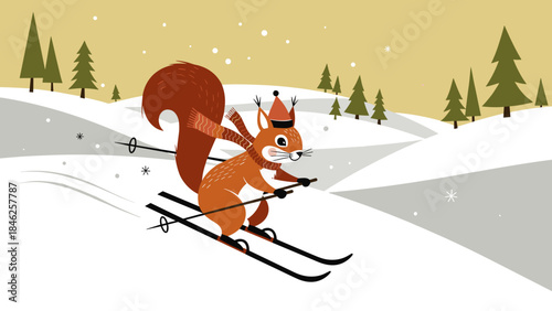 Red Squirrel Skiing Down Snowy Hill in Winter Cartoon Illustration