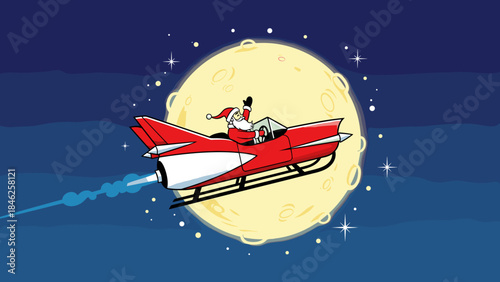 Santa Claus Flying Red Rocket Sleigh in Night Sky with Full Moon Cartoon Illustration