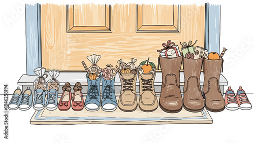 Sinterklaas Shoes and Boots Lined Up with Gifts at Front Door Hand-Drawn Illustration