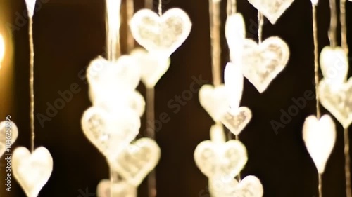Delicate Glowing White Translucent Hearts. Dreamy Romantic Decoration for Love, Celebration, and Festive Events on Dark Bokeh Background.