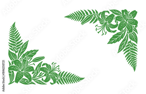 Green Floral Corner Ornament with Ferns and Lilies, Botanical Design Element