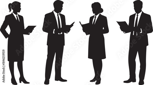 Silhouettes of business people including a businesswoman standing together in a professional corporate style illustration