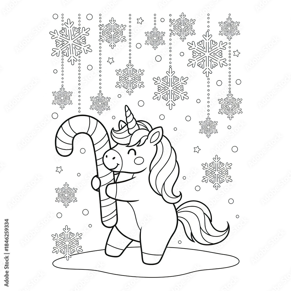 Obraz premium Unicorn holding large candy cane with snowflakes and stars falling in background, creating joyful winter holiday coloring page scene for kids and adults