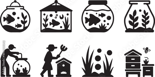 Collection of Aquariums and Gardening Silhouettes in Black and White