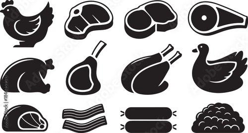 Collection of meat and poultry icons isolated on white background