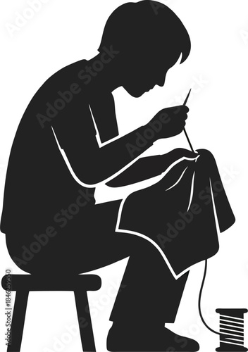 Slow Fashion Silhouette Vector. Person Sewing and Repairing Clothes for Sustainability Concept Isolated on White