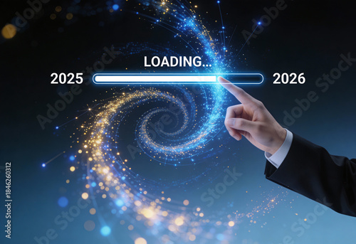Happy new year of 2026 future concept showing loading progress bar and hand pointing representing vision innovation