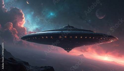 Fototapeta Naklejka Na Ścianę i Meble -  Alien spacecraft hovers above rocky terrain at dusk. Otherworldly planet landscape has colorful clouds and moons in dark sky. Extraterrestrial vessel explores universe.