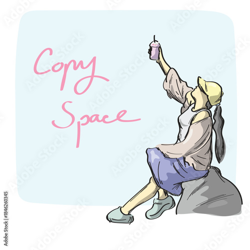 woman with long hair holding iced coffee over her head illustration vector sketch with black lines