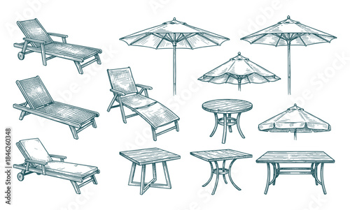 Hand Drawn Patio Furniture Set Illustration: Chairs, Umbrellas, and Tables