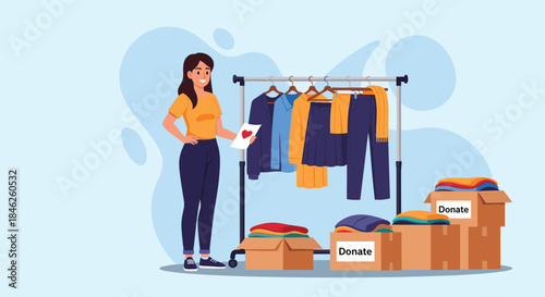 A smiling young woman standing by a clothing rack and boxes, organizing clothes for donation and charity with a heart card.