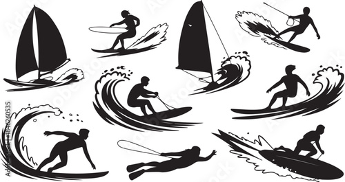 Collection of water sports silhouettes in dynamic poses