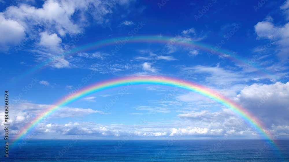 Fototapeta premium Two stunning rainbows stretch across the sky creating a magical scene above the calm ocean.