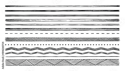 Hand-drawn decorative borders collection, monochrome sketch style, design elements for graphic projects
