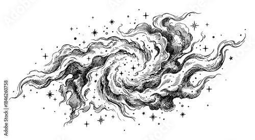 Hand-drawn galaxy illustration, space nebula with swirling clouds and stars in black and white