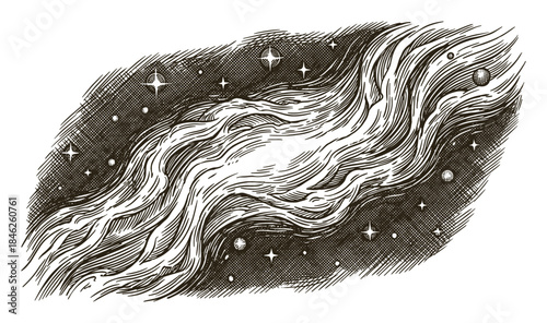 Hand-drawn illustration of a cosmic nebula with stars and interstellar dust clouds
