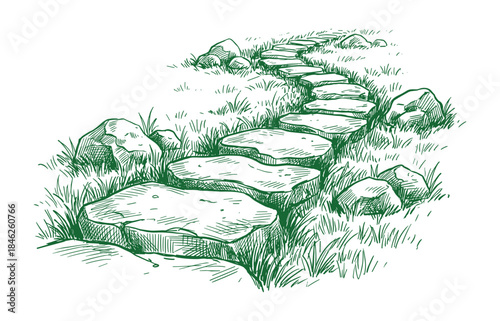 Green sketch illustration of a stone pathway through grass and rocks, outdoor garden landscape design