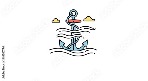 A colorful line art icon of a nautical anchor submerged in wavy water with small clouds in the background for a marine theme.