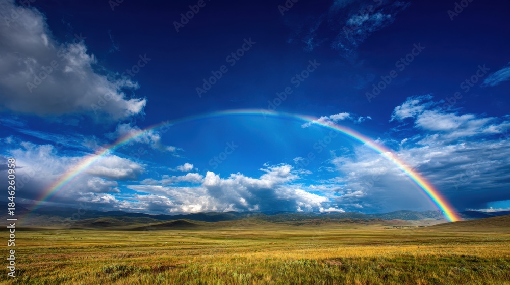Fototapeta premium A stunning rainbow stretches across the sky above a lush green meadow evoking a sense of wonder and beauty.