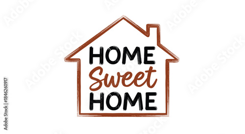 A charming 'Home Sweet Home' typographic design with rustic lettering enclosed within the simple outline of a house shape.