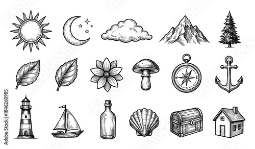 Hand-drawn Nature Elements: Sun, Moon, Leaves, Mountain, Tree, Boat, and Other Vector Icons