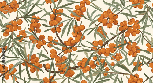 A dense and beautiful seamless pattern with detailed illustrations of sea buckthorn branches, orange berries, and green leaves.