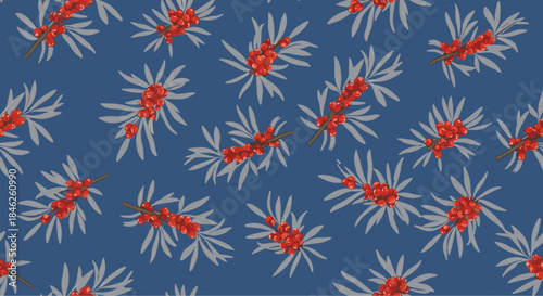 A seamless pattern of red sea buckthorn berries on branches with gray leaves against a deep blue background, evoking a winter feel.