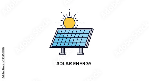 Colorful flat line icon illustrating solar energy with a blue solar panel tilted towards a bright yellow sun on a clean white background.