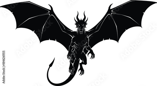 Black dragon silhouette flying with spread wings, fantasy monster vector illustration, mythical creature isolated on white background, gothic tattoo design