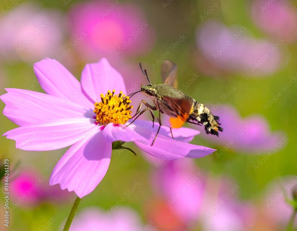 Naklejka premium A vibrant cosmos flower, with delicate pink petals, is visited by a hummingbird moth, gathering nectar. The soft background features other flowers