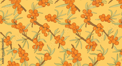 Vibrant seamless pattern of hand-drawn sea buckthorn branches with orange berries and green leaves on a yellow background.
