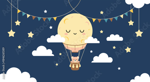 Adorable nursery illustration of a cute bear in a hot air balloon shaped like a sleeping moon against a starry night sky.